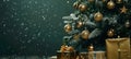 Elegant christmas tree adorned with golden baubles and gifts on festive green backdrop