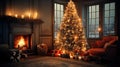 Elegant Christmas Tree Aglow. Candles Illuminate the Festive Interior. Generative AI