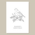 Elegant Christmas vintage greeting card, invitation. Decorative floral composition. Hand drawn goldfinch bird sitting on