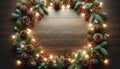Festive Christmas Wreath on Wooden Background, AI Generated Royalty Free Stock Photo