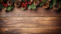 Elegant Christmas wreath with red berries and pine cones on a rustic dark wooden background, conveying a festive holiday
