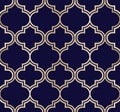 Elegant classic gold-colored moroccan trellis vector seamless pattern on dark blue background.