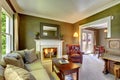 Elegant classic green living room with fireplace and piano.