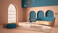 Elegant classic living room with archways and arched window and door. Blue sofa with poufs, carpet, pendant lamp, coffee tables,