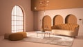 Elegant classic living room with archways and arched window and door. Orange sofa with poufs, carpet, pendant lamp, coffee tables