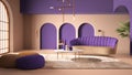 Elegant classic living room with archways and arched window and door. Purple sofa with poufs, carpet, pendant lamp, coffee tables