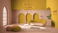 Elegant classic living room with archways and arched window and door. Yellow sofa with poufs, carpet, pendant lamp, coffee tables