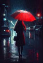 Elegant classic painting of lady in red the rain