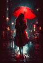 Woman person in red the rain with umbrella