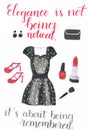 Watercolor clothes for a special occasion consisting of a beautiful dotted dress, red high heels, a black clutch bag and jewellery