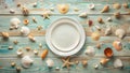 Elegant Coastal Table Setting Empty Plate and Seashells A Minimalist Beach Themed TopView Image for Design Inspiration Royalty Free Stock Photo