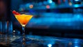 Elegant cocktail glass on a bar counter with colorful blurred background