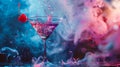 Elegant cocktail glass with a cherry garnish amidst mystical colorful smoke