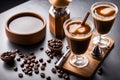 Elegant Coffee Presentation with Beans and Cinnamon Stick on a Wooden Tray Royalty Free Stock Photo