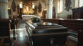 Elegant Coffin in a Serene Church Setting for Funeral Service Royalty Free Stock Photo
