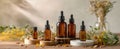 The elegant collection of amber glass bottles for essential oils and herbs..AI generated image Royalty Free Stock Photo