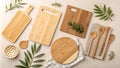 Elegant collection of bamboo and wood kitchen products for cooking and Royalty Free Stock Photo