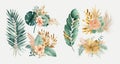 Elegant Collection of Watercolor Floral Elements with Lush Greenery, Blooming Flowers, and Golden Accents for