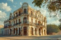 Elegant Colonial Architecture Under Blue Sky Historical Building Facade with Ornate Details and Warm Sunlight Royalty Free Stock Photo