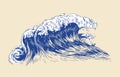 Elegant colored drawing of sea or ocean wave with foaming crest isolated on light background. Oceanic tide, wash or