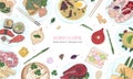 Elegant colored hand drawn background with traditional Asian food, detailed tasty meals and snacks of oriental cuisine -