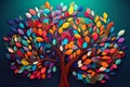 Elegant colorful tree with vibrant leaves hanging branches illustration background.