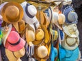 Elegant colorful women straw hats collection,hats for sale Royalty Free Stock Photo