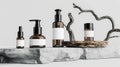 Elegant composition with cosmetics bottles mockup, luxury skincare products with empty blank labels, beauty concept