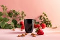 Elegant composition featuring strawberries, almonds, and a black cup against a pink background Royalty Free Stock Photo