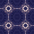 Elegant Coral Tie Dye Shibori Mirrored Diamonds and Stripes Tile on Indigo Background Vector Seamless Pattern