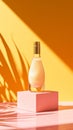 Elegant Cosmetic Bottle with Golden Cap on Peach Background with Plant Shadows.Beauty Product Presentation or Advertising