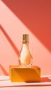 Elegant Cosmetic Bottle with Golden Cap on Peach Background with Shadows. Beauty Product Presentation or Advertising