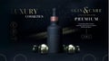Elegant cosmetic oil dropper for skin care products on black and gold background. Luxury dropper bottle. Beautiful flyer