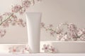 Elegant Cosmetic Tube with Blooming Cherry Blossoms on Pastel Background