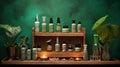 Elegant cosmetics on a rustic wooden podium photo realistic illustration - Generative AI.