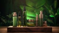 Elegant cosmetics on a rustic wooden podium photo realistic illustration - Generative AI.