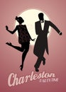 Elegant couple silhouettes wearing 20`s style clothes dancing charleston. Royalty Free Stock Photo