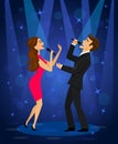 Elegant couple singing karaoke on stage in club