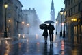 Elegant couple with umbrella and coat on rainy evening