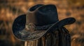 Elegant cowboy hat resting on a wooden post in a rustic setting