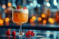 An elegant craft cocktail with a blurred bar background showcasing an array of exotic ingredients.. AI generated.