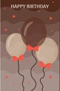 Elegant, creative birthday card with balloons and bow on abstract background decorated with hearts. Text Happy birthday. Trendy