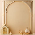 Elegant creme background for Islamic book display featuring intricate architectural elements and decorative objects Royalty Free Stock Photo