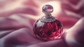 Elegant Crimson Perfume Bottle Rests on Pink Silk Royalty Free Stock Photo