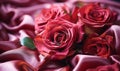 Elegant crimson satin fabric with delicate roses creating a romantic and sensuous mood ideal for luxurious fashion or decor themes