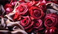 Elegant crimson satin fabric with delicate roses creating a romantic and sensuous mood ideal for luxurious fashion or decor themes