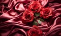 Elegant crimson satin fabric with delicate roses creating a romantic and sensuous mood ideal for luxurious fashion or decor themes