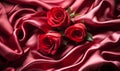 Elegant crimson satin fabric with delicate roses creating a romantic and sensuous mood ideal for luxurious fashion or decor themes