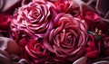 Elegant crimson satin fabric with delicate roses creating a romantic and sensuous mood ideal for luxurious fashion or decor themes