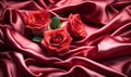 Elegant crimson satin fabric with delicate roses creating a romantic and sensuous mood ideal for luxurious fashion or decor themes